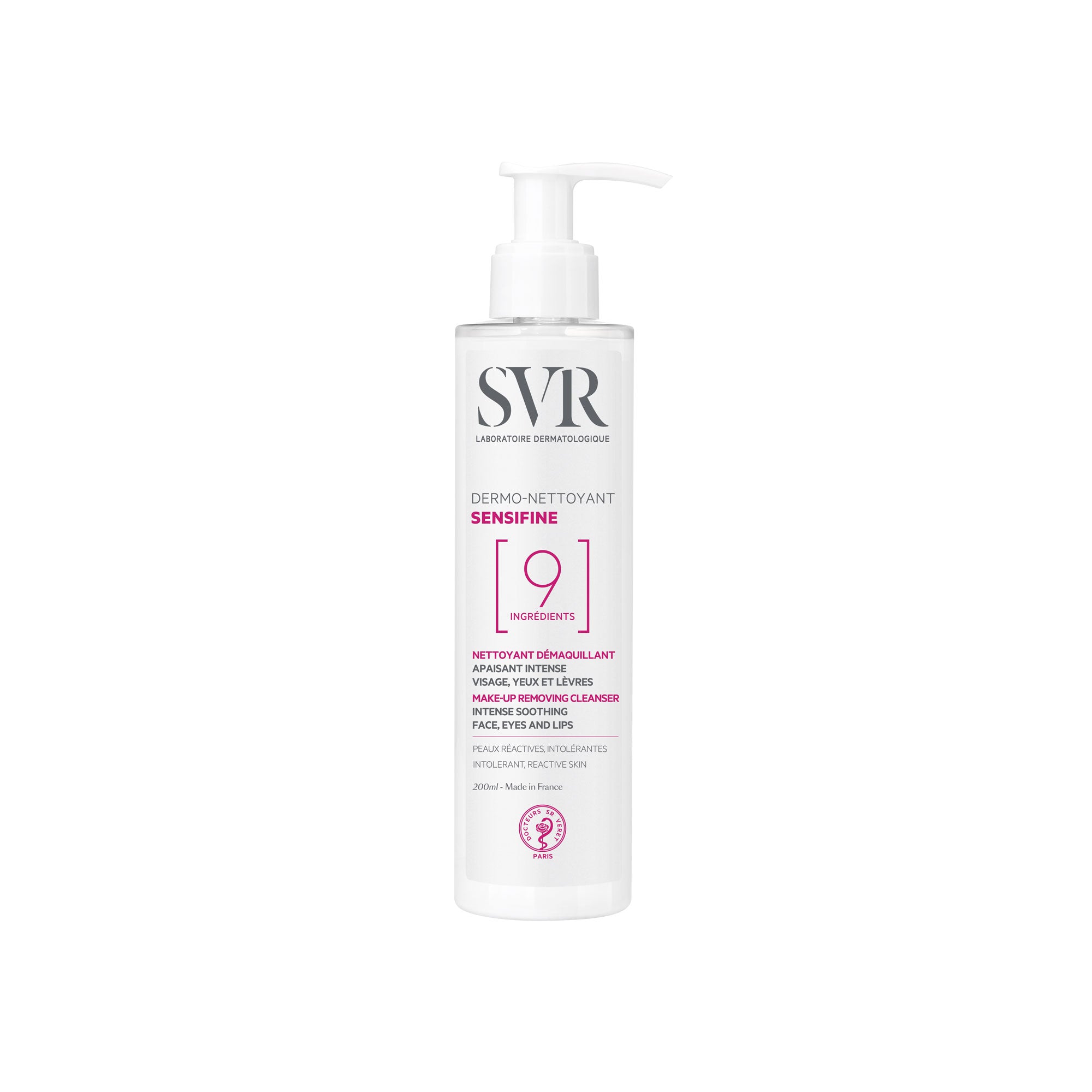 Flacon pompe SVR Sensifine Dermo-Nettoyant 200ml pour peaux sensibles, design blanc épuré avec texte rose et noir.