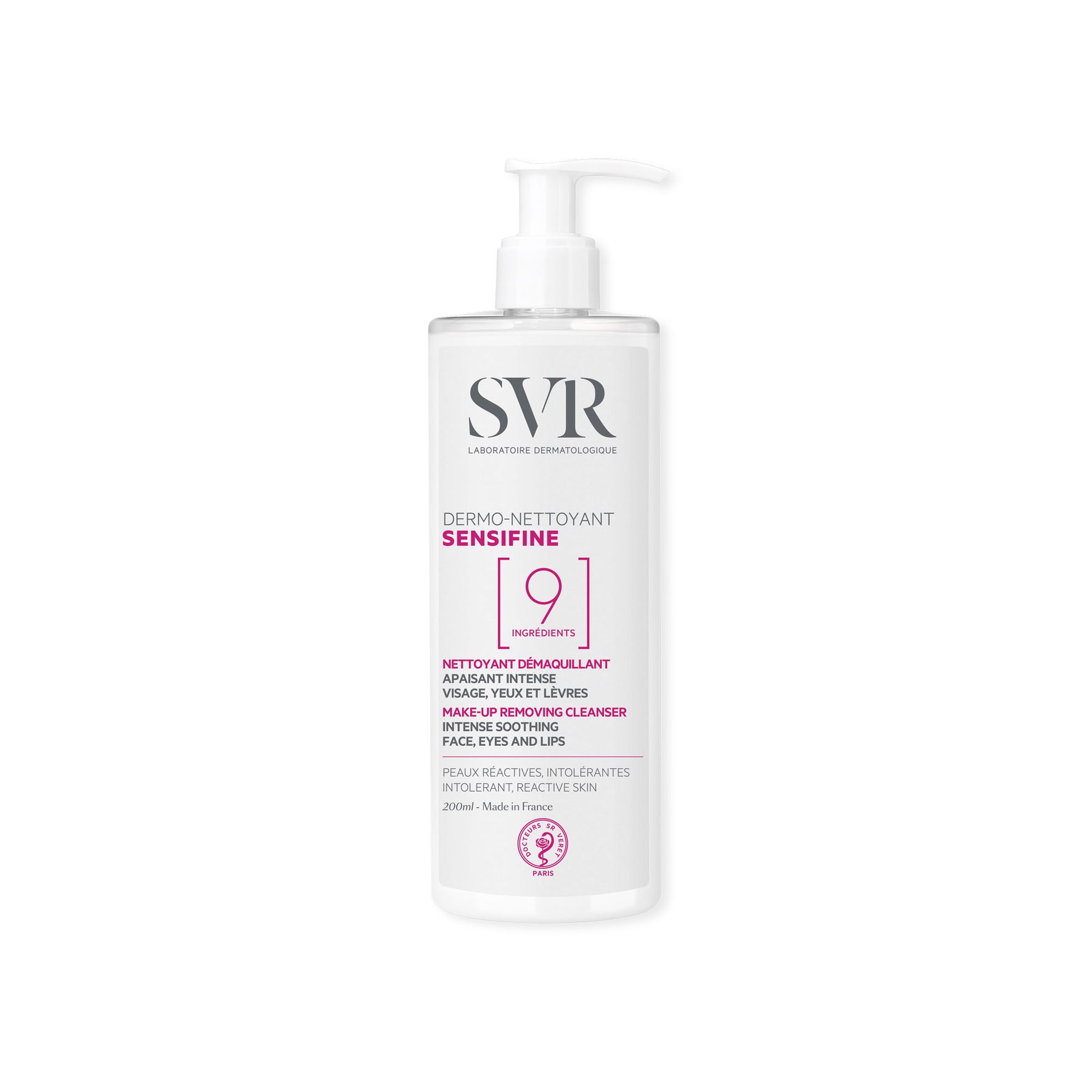 Flacon pompe blanc de 200ml SVR Sensifine Dermo-Nettoyant pour peaux sensibles, visage, yeux et lèvres.
