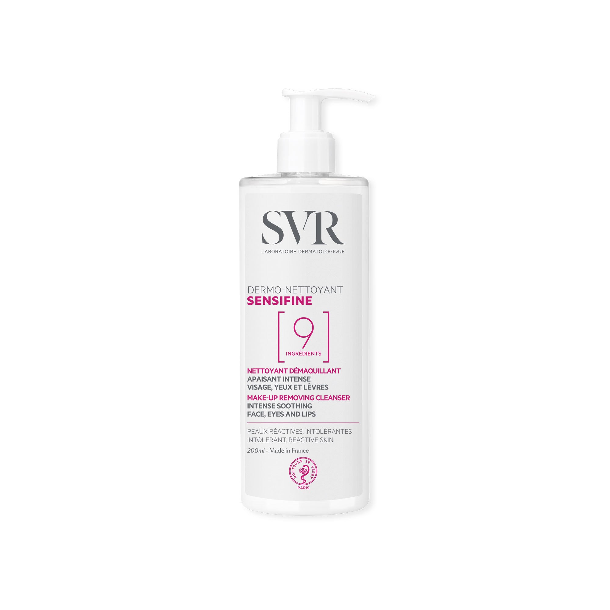 Flacon pompe blanc de 200ml SVR Sensifine Dermo-Nettoyant pour peaux sensibles, visage, yeux et lèvres.