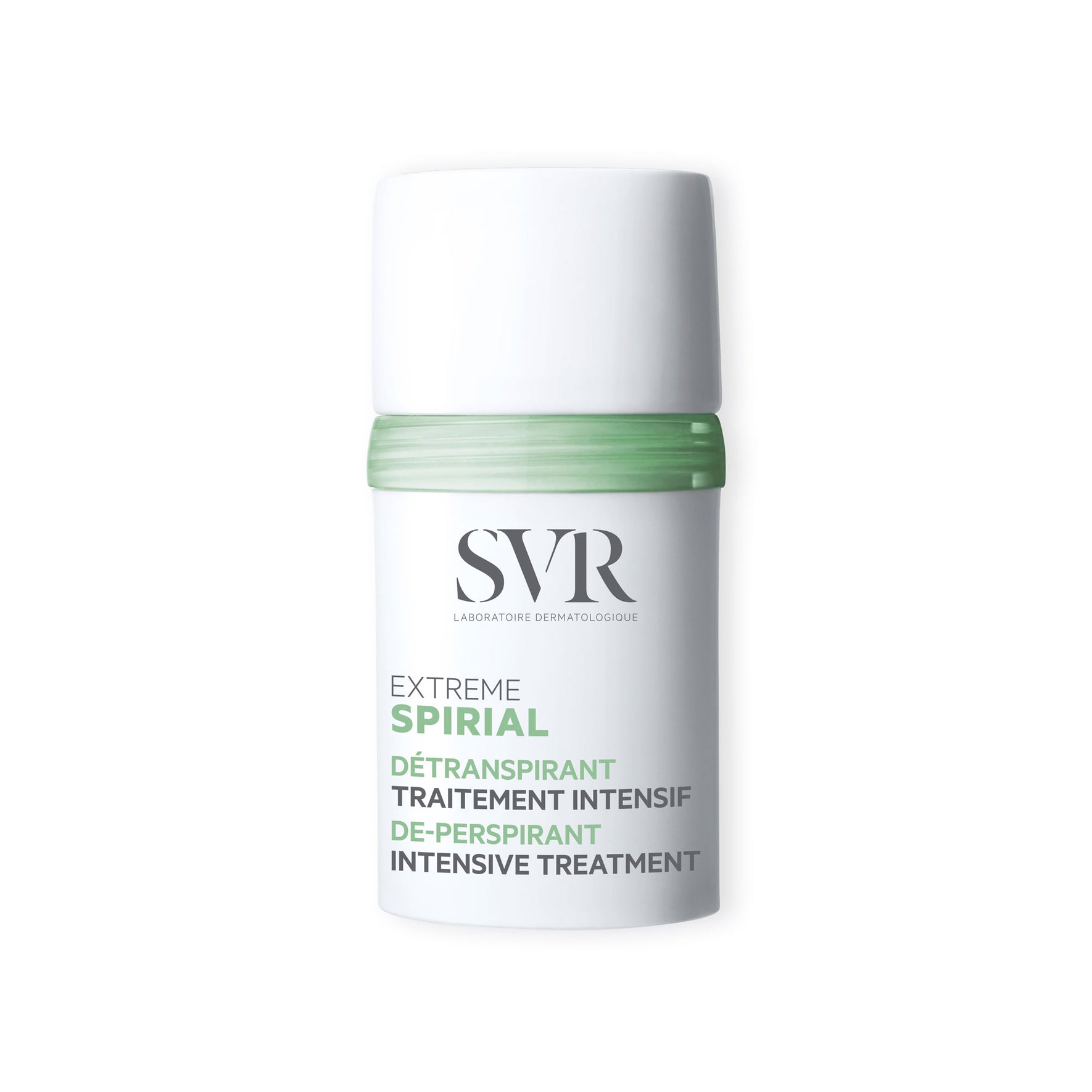Déodorant SVR Spirial Extrême en flacon blanc cylindrique avec bouchon et détails vert clair.