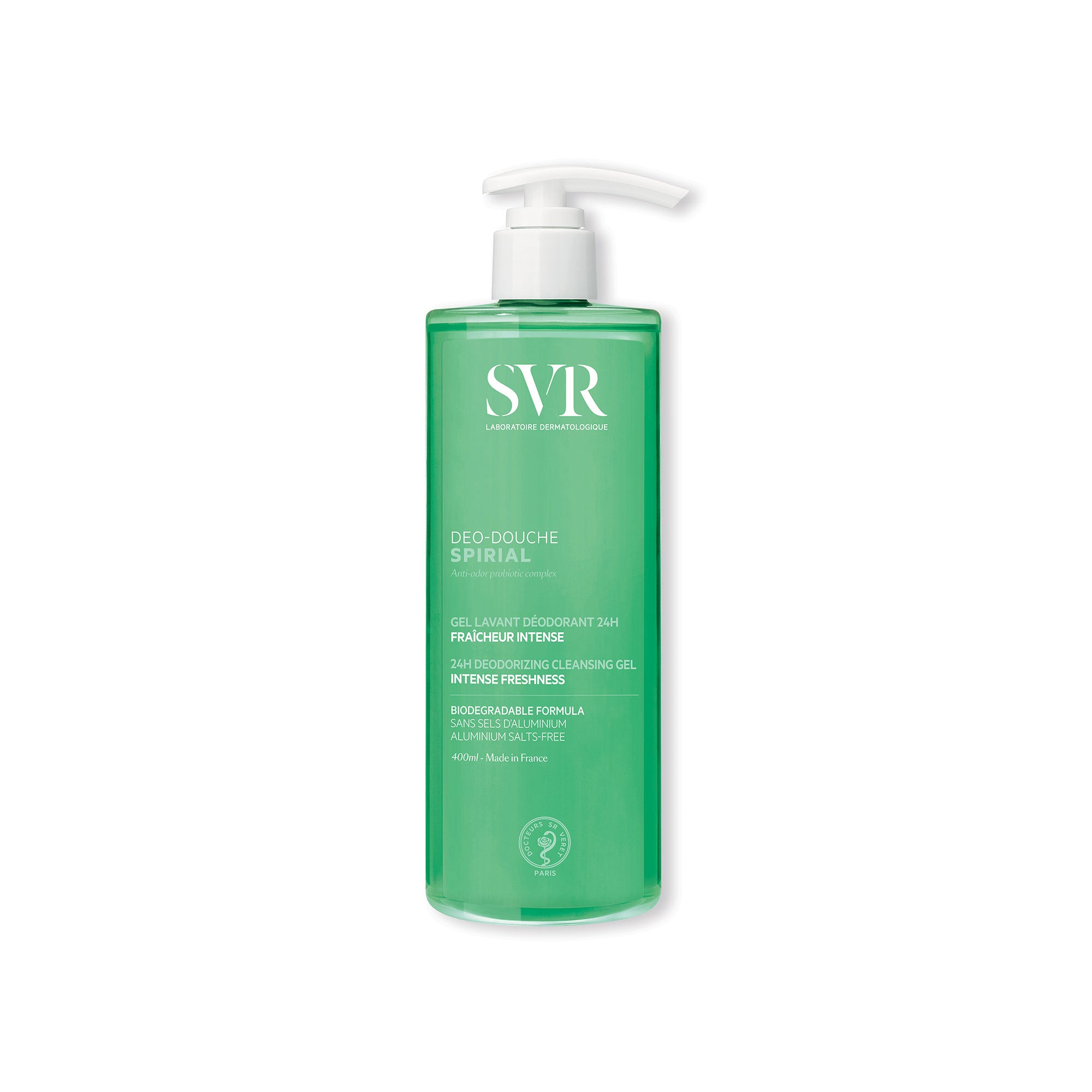 Flacon pompe vert transparent de gel douche déodorant SVR Spirial 400ml avec étiquette blanche informative.