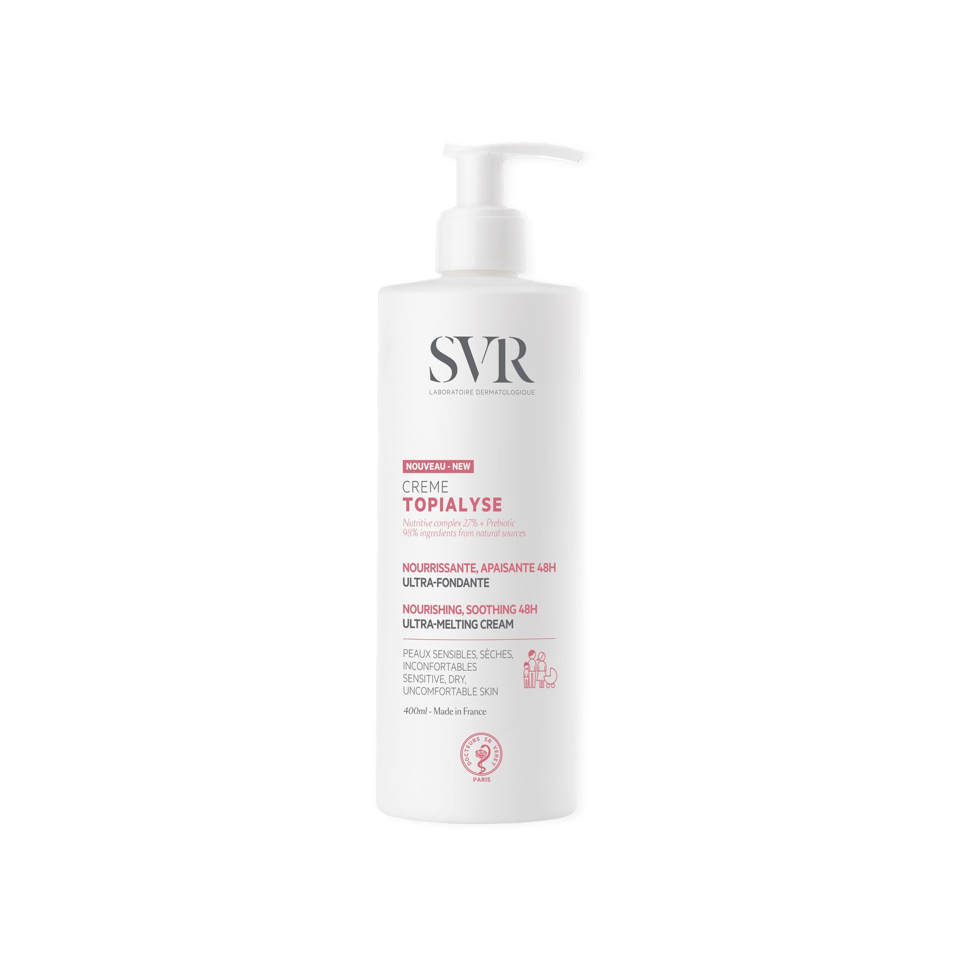 Flacon pompe blanc de 400ml de crème hydratante SVR Topialyse pour peaux sèches et sensibles.