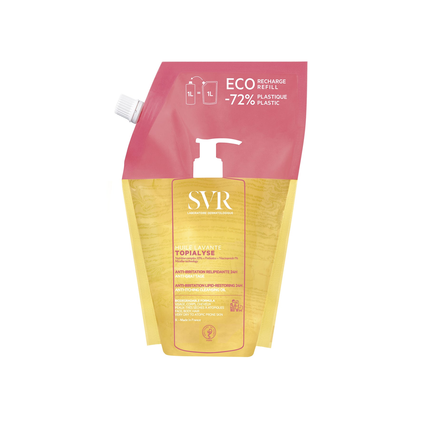 Recharge éco 1L SVR Topialyse Huile Lavante en sachet souple jaune et rose avec bouchon verseur blanc.