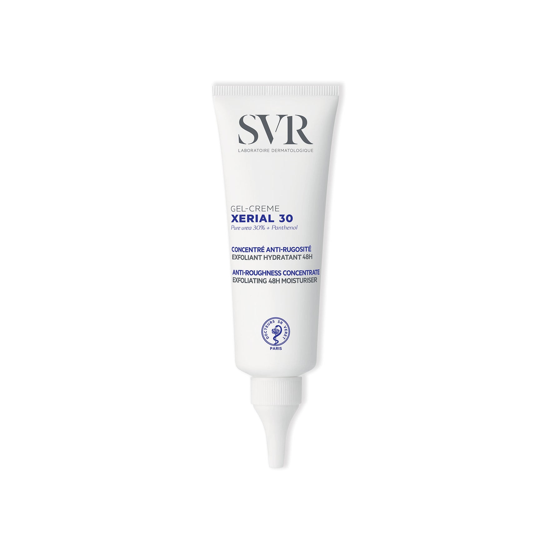 Tube blanc de gel-crème SVR Xerial 30 avec bouchon applicateur pointu, format soin dermatologique anti-rugosités.