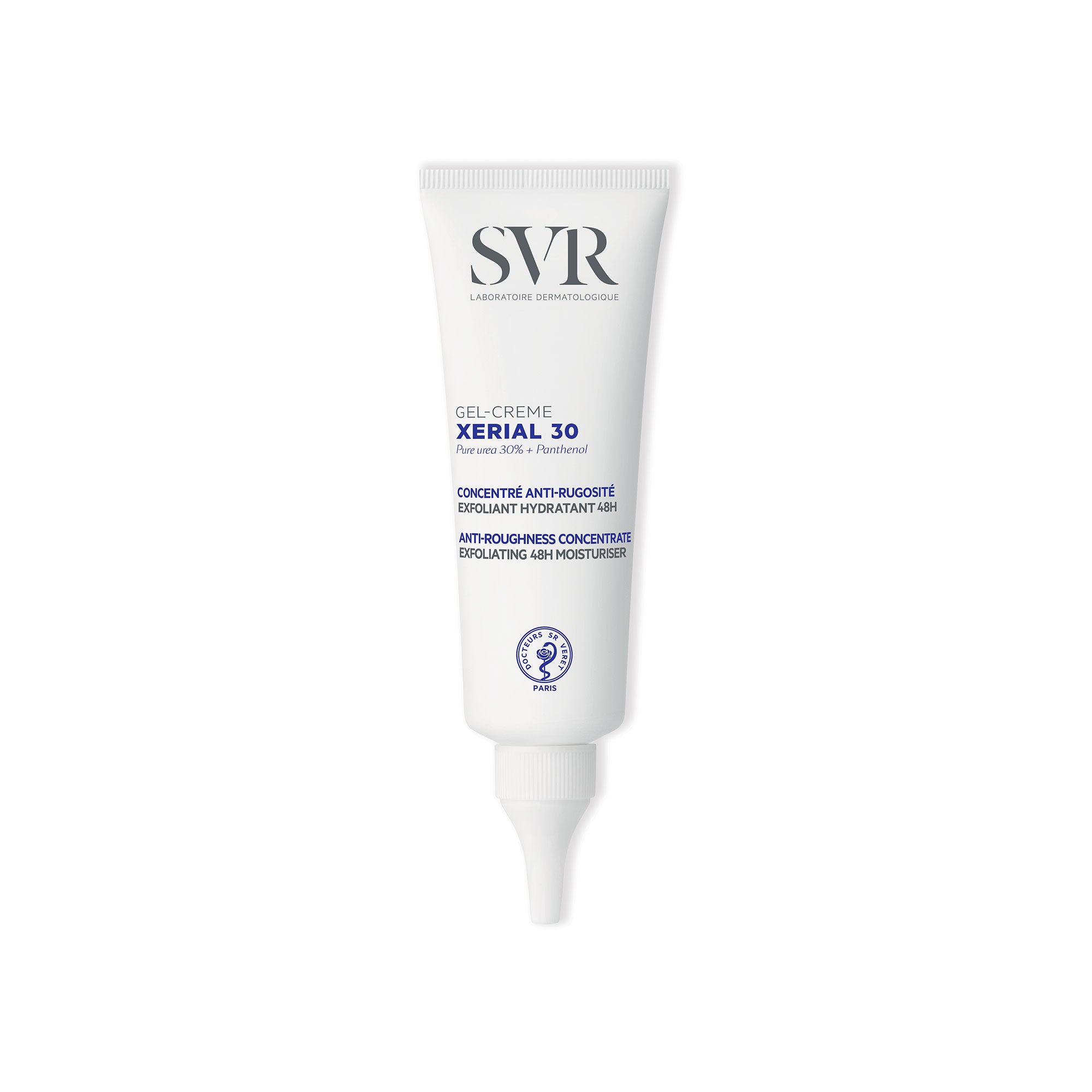 Tube blanc de gel-crème SVR Xerial 30 avec bouchon applicateur pointu, format soin dermatologique anti-rugosités.