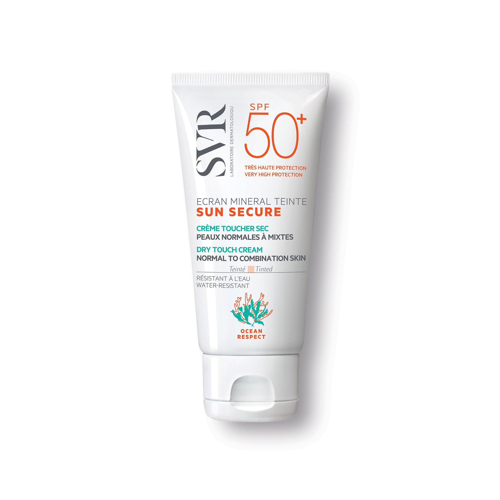 Tube blanc de crème solaire teintée SVR Sun Secure SPF50+ pour peaux normales à mixtes avec bouchon à clapet.