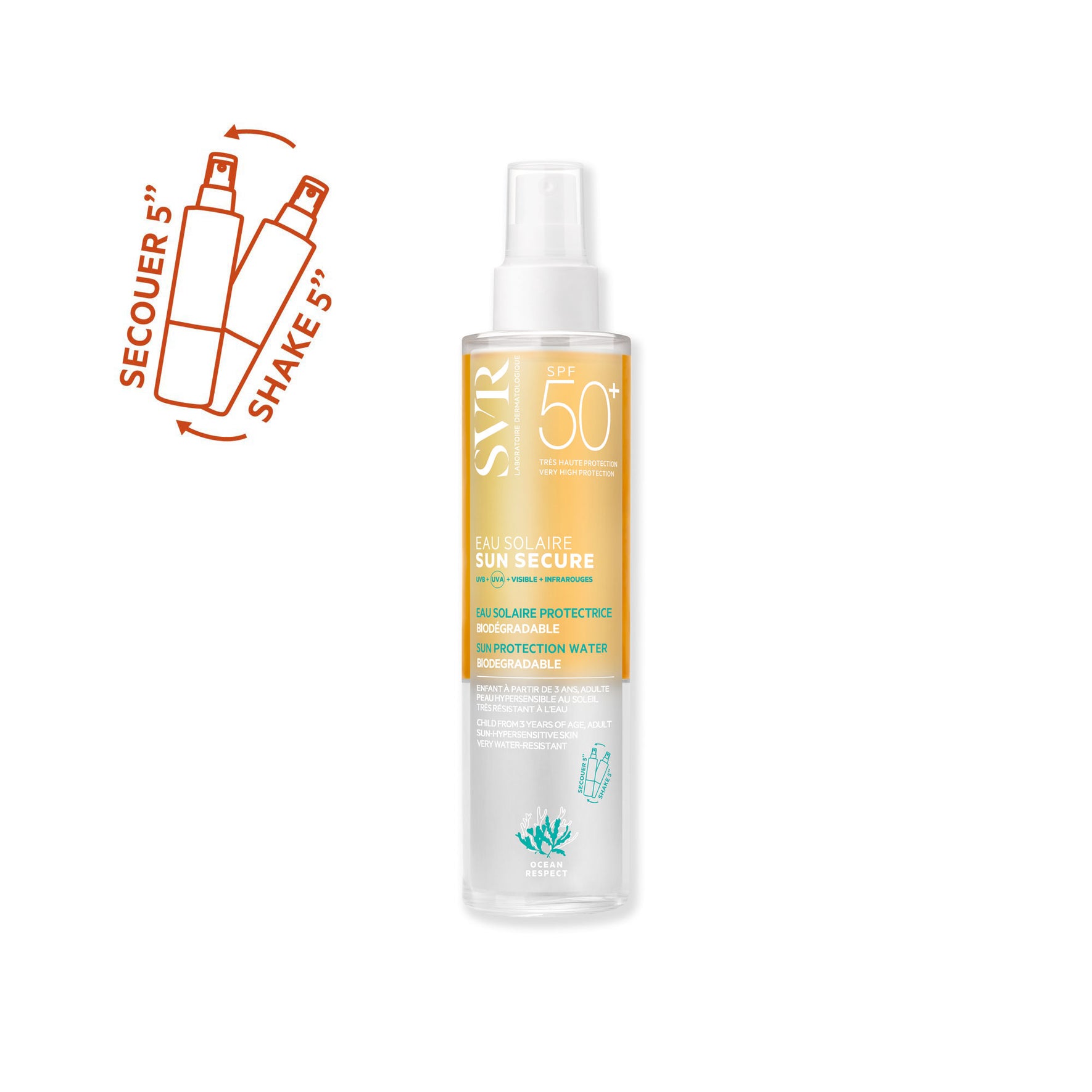 Flacon spray SVR SUN SECURE Eau Solaire SPF50+ avec étiquette jaune et blanche, incluant une instruction de secouer 5 secondes.