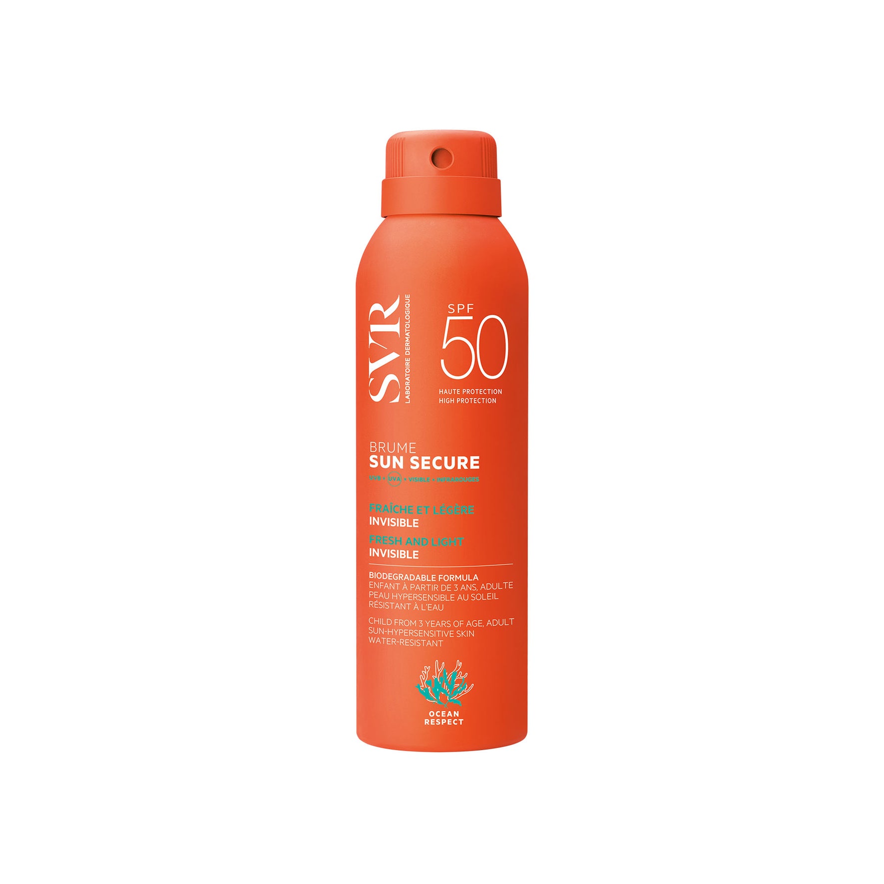 Spray solaire SVR SUN SECURE Brume SPF50 dans un flacon orange vif avec bouchon vaporisateur, format 200ml.