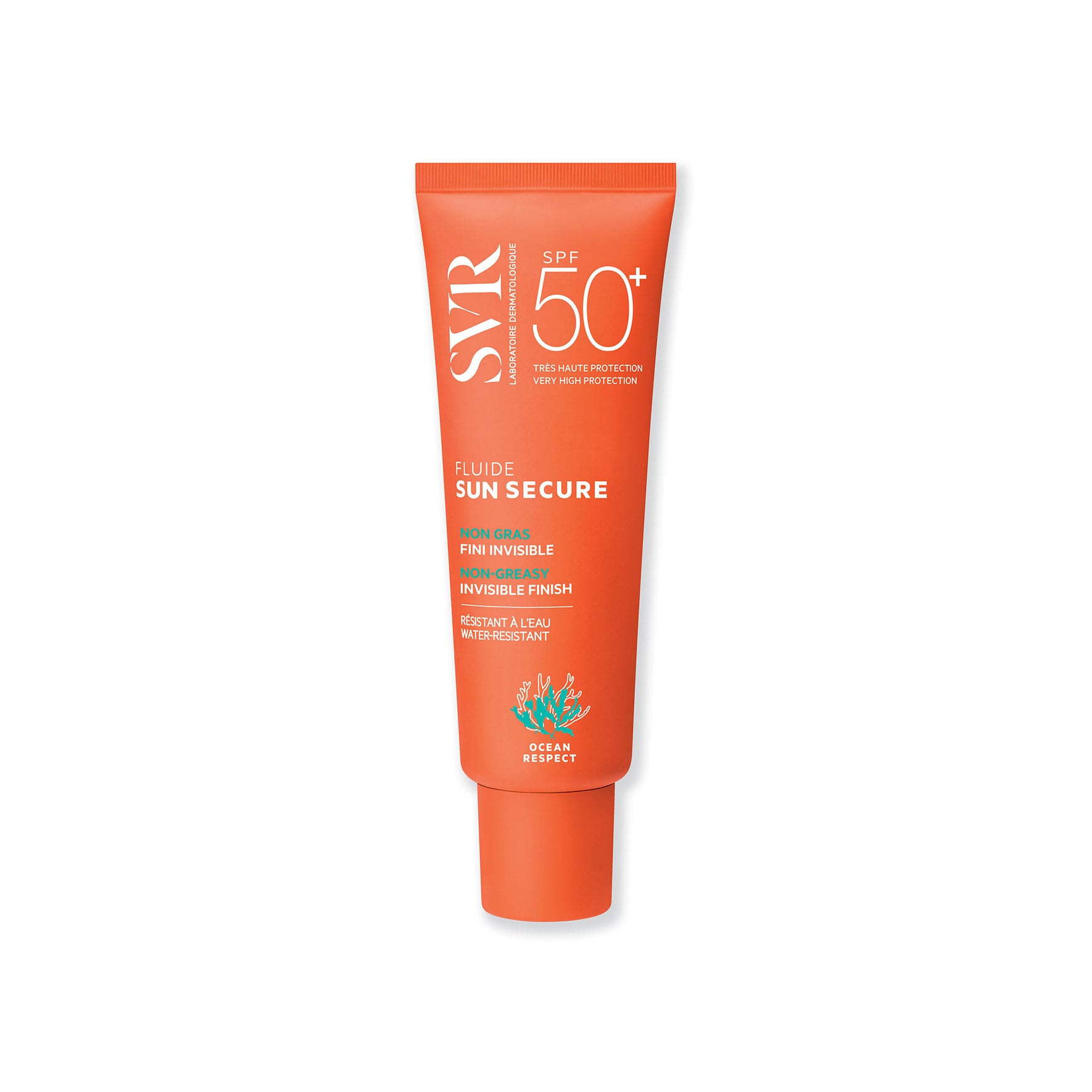 Tube orange de SUN SECURE Fluide SPF50+ de SVR avec texte blanc et logo corail, protection solaire invisible et résistante.