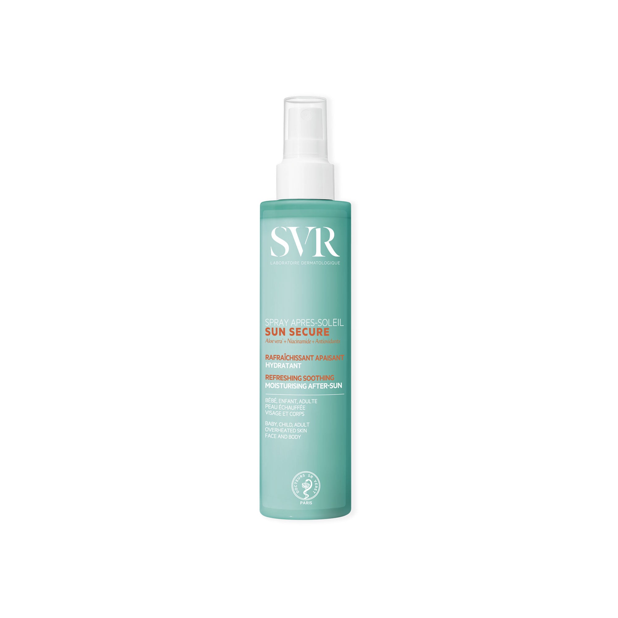 Spray SVR SUN SECURE après-soleil dans un flacon turquoise cylindrique avec embout vaporisateur blanc et texte informatif.
