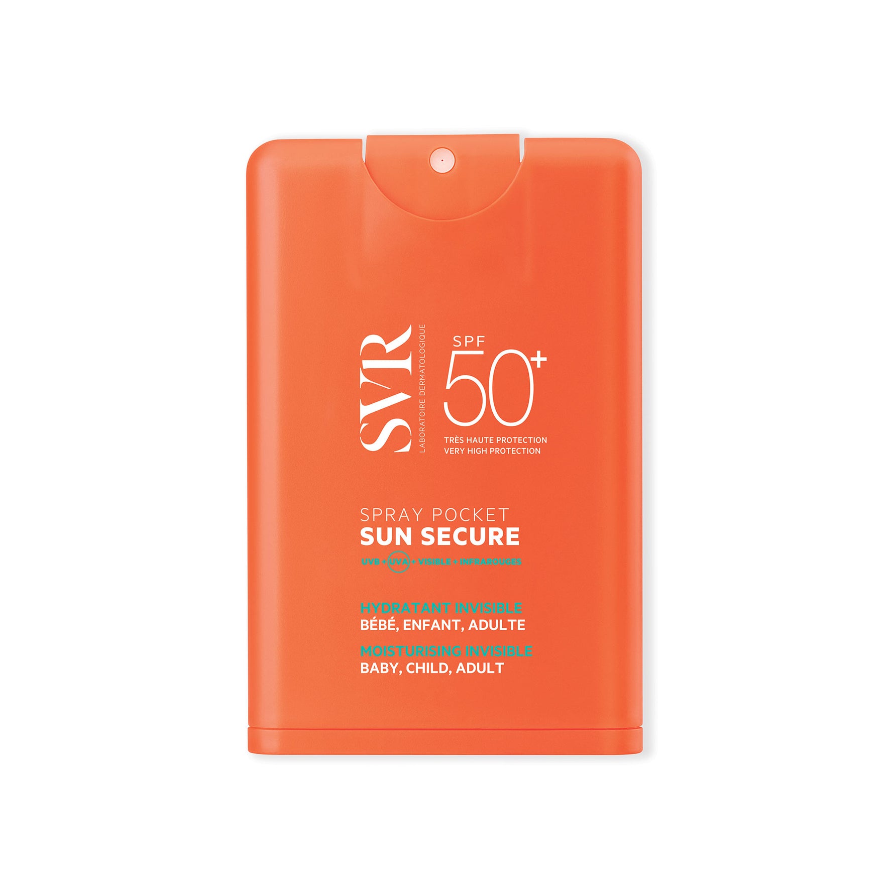 Spray solaire SVR Sun Secure SPF50+ format poche rectangulaire orange avec embout vaporisateur et texte blanc.