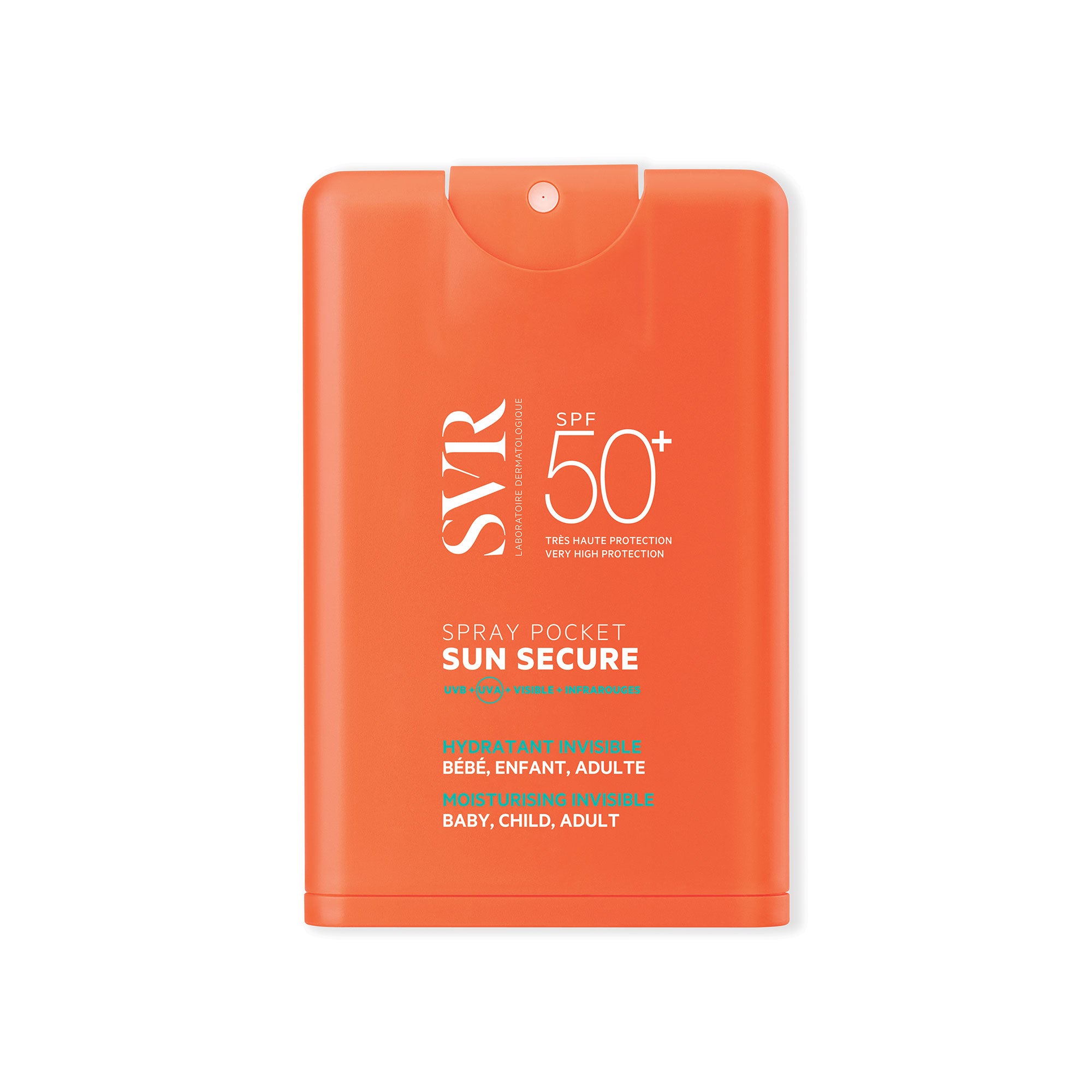 Spray solaire SVR Sun Secure SPF50+ format poche rectangulaire orange avec embout vaporisateur et texte blanc.