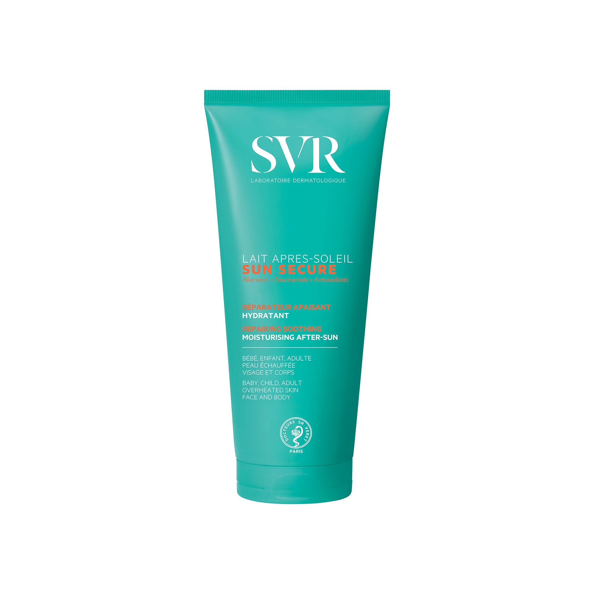 Tube de lait après-soleil SVR Sun Secure turquoise avec texte blanc et orange, format 200ml pour visage et corps.