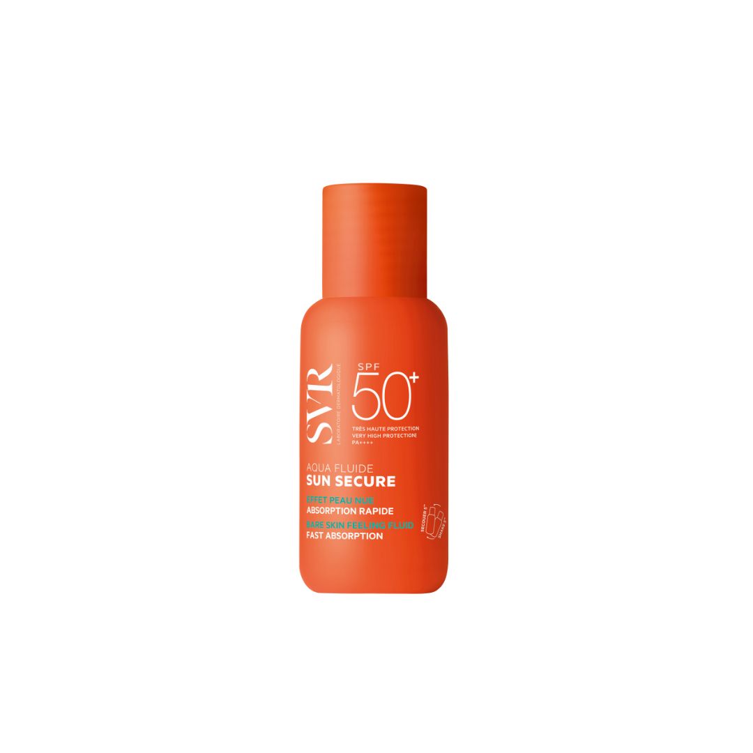 SVR SUN SECURE Aqua Fluide SPF50+ in an orange bottle with white text, featuring fast-absorption and bare skin feel labels.