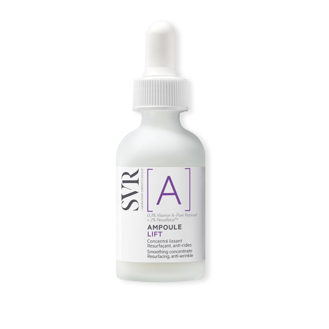 Flacon compte-gouttes en verre dépoli SVR [A] Ampoule Lift avec étiquette blanche et détails violets.