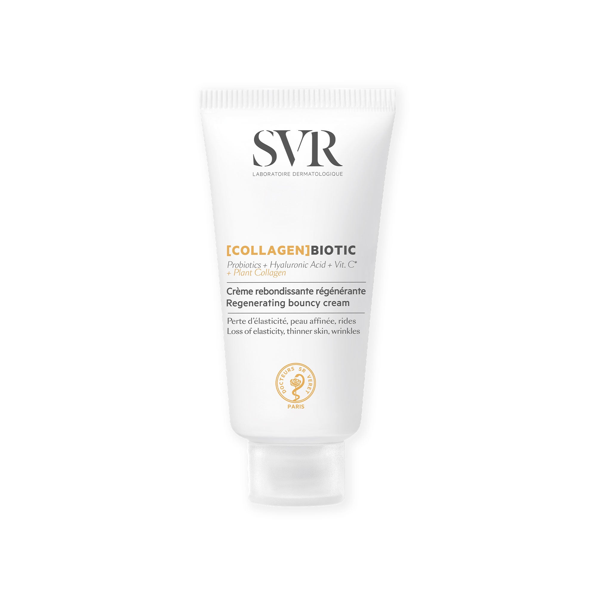 SVR Collagen Biotic mini regenerating bouncy cream in a white squeeze tube with black and gold text.