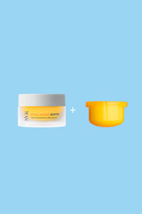 SVR Collagen Biotic cream jar with a white lid next to a separate bright yellow refill pod on a light blue background.