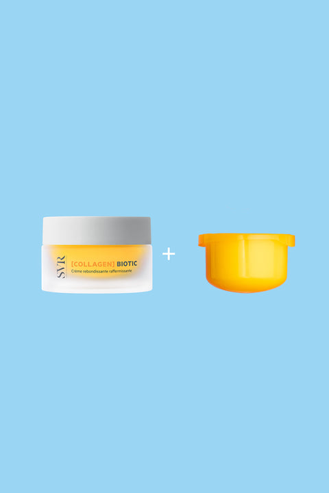 SVR Collagen Biotic cream jar with a white lid next to a separate bright yellow refill pod on a light blue background.