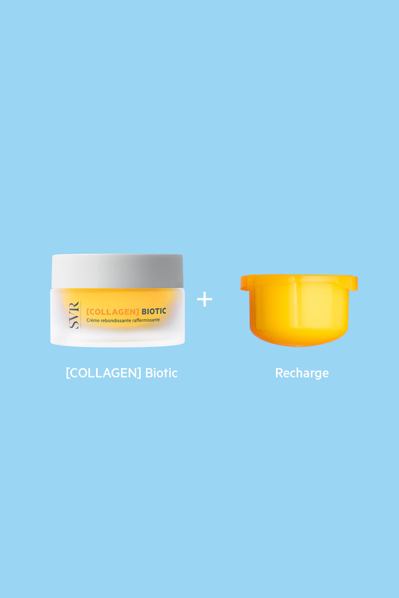SVR Collagen Biotic firming cream jar with a bright yellow refill pod on a light blue background.