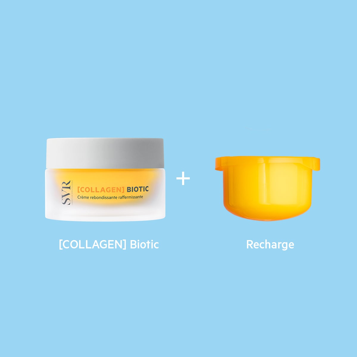 SVR Collagen Biotic firming cream jar with a white lid and a separate bright yellow refill pod on blue background.