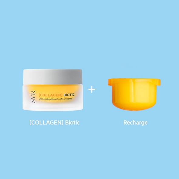 SVR Collagen Biotic firming cream jar with a white lid and a separate bright yellow refill pod on blue background.