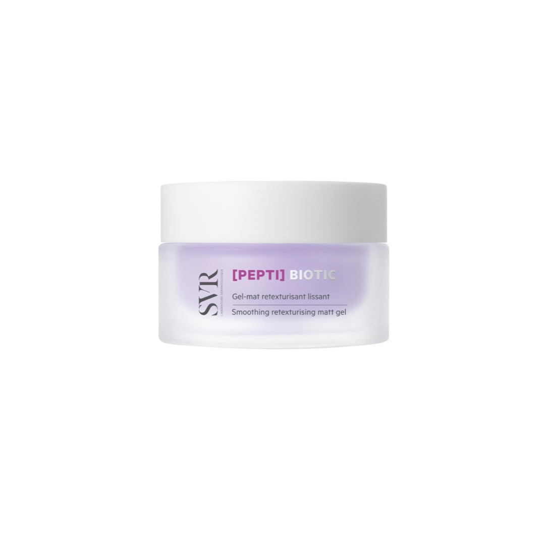 Pot de soin SVR [PEPTI]BIOTIC en verre dépoli violet avec couvercle blanc, gel matifiant lissant pour le visage.