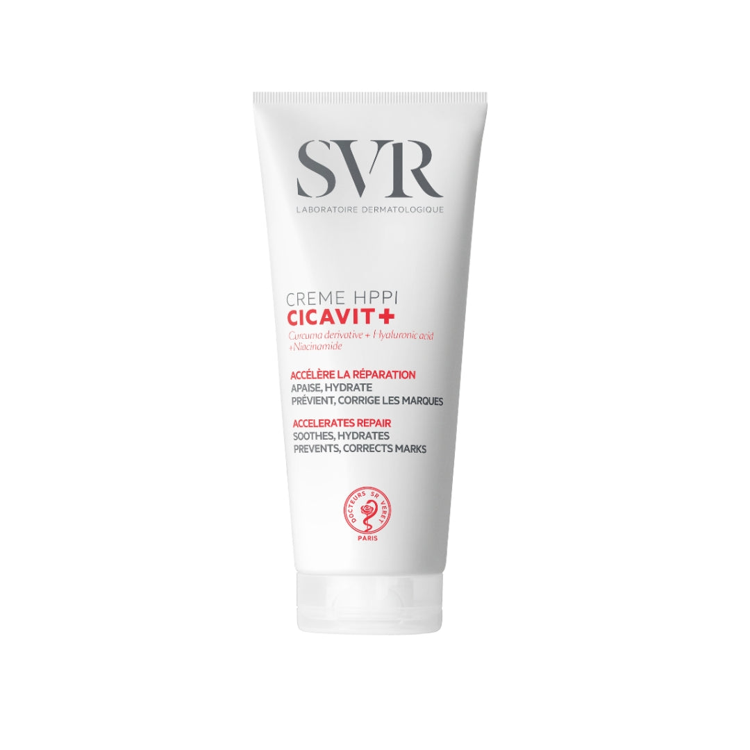 Tube blanc de crème réparatrice SVR Cicavit+ HPPI avec texte rouge et noir sur fond blanc.