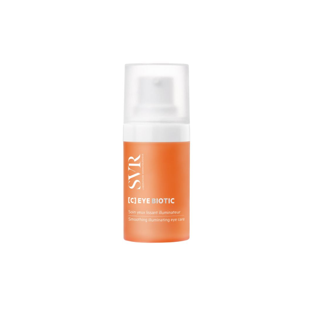 Flacon pompe SVR [C] EYE BIOTIC orange et blanc de 15ml pour le soin lissant et illuminateur du contour des yeux.