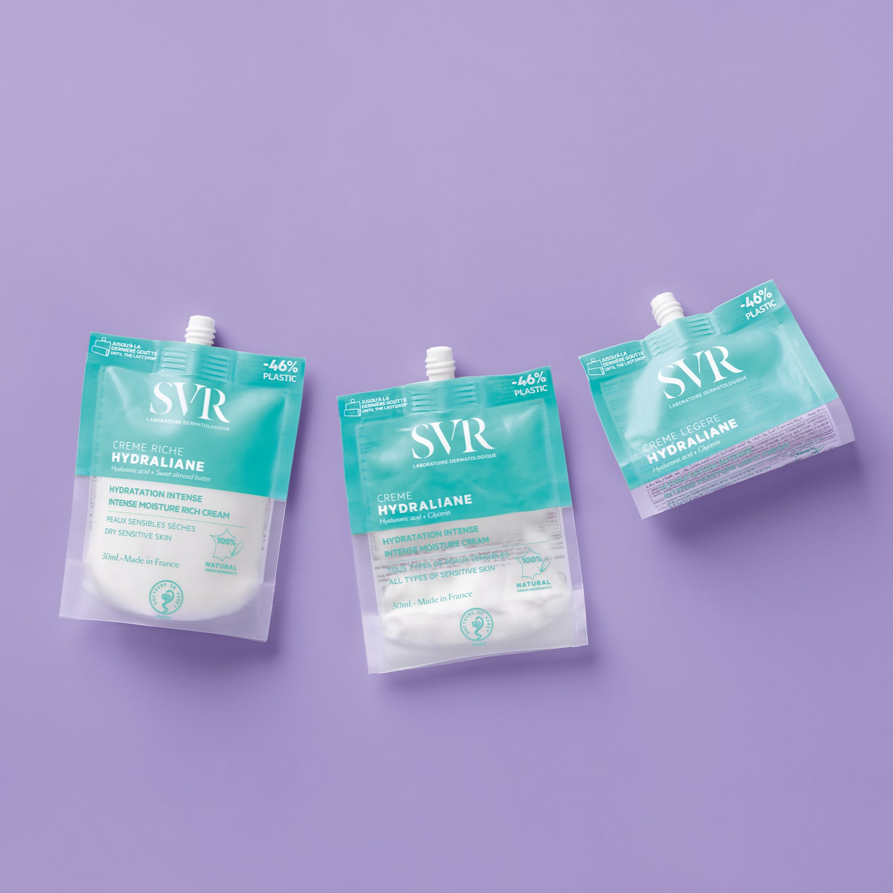 Trois poches éco-responsables SVR Hydraliane sur fond violet, emballages souples 50ml en plastique réduit.