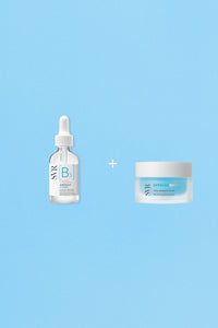 SVR Duo Hydratation Biotic set featuring a B3 Hydra serum dropper bottle and a Hyalu Biotic smoothing plumping gel jar.