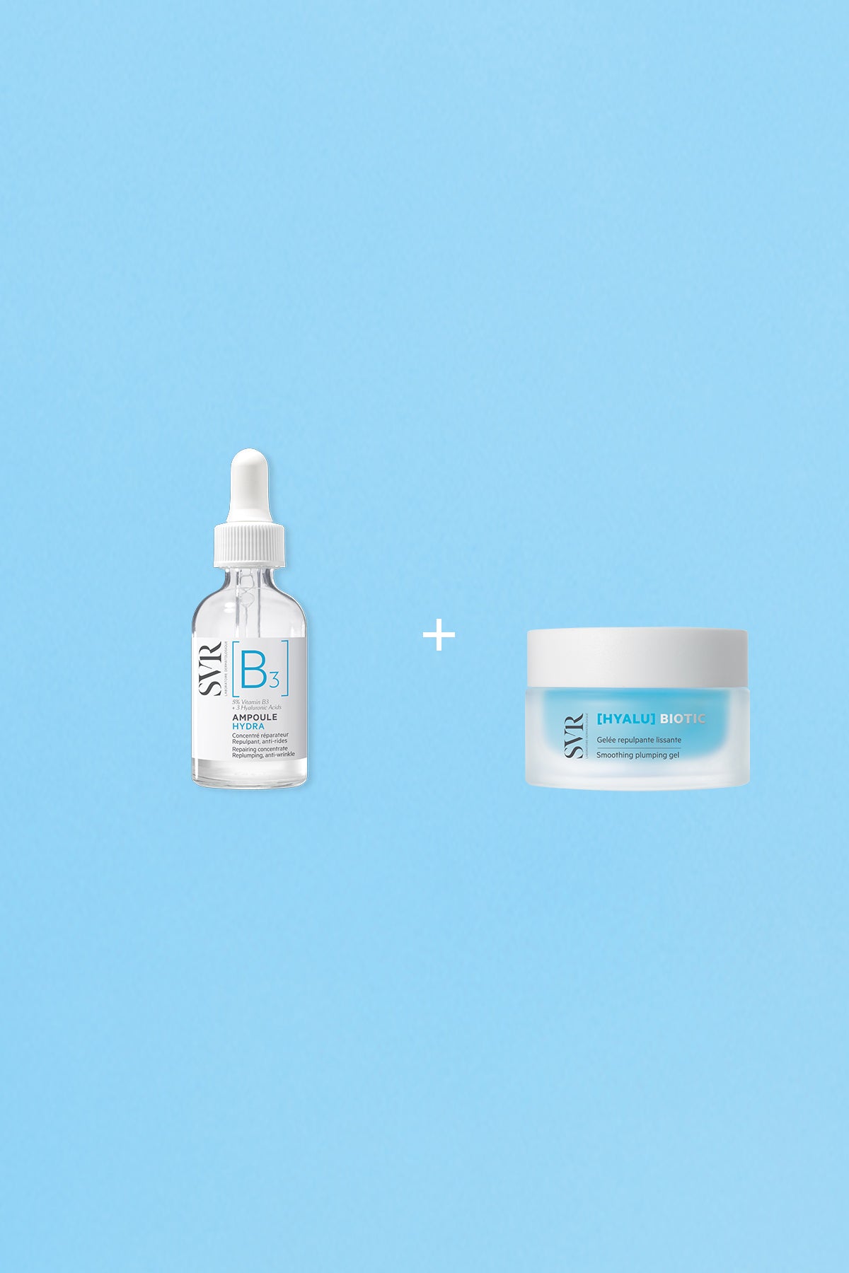 SVR Duo Hydratation Biotic set featuring a B3 Hydra serum dropper bottle and a Hyalu Biotic smoothing plumping gel jar.