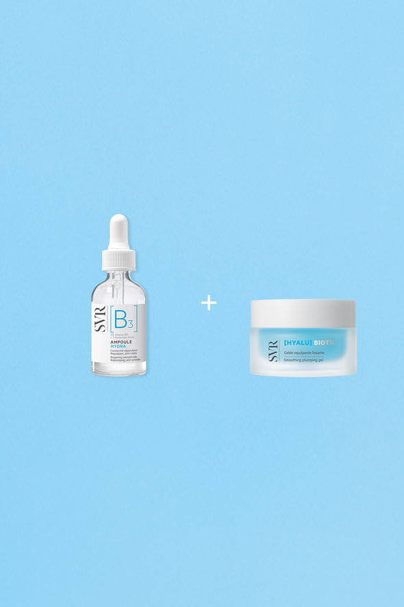 SVR Duo Hydratation Biotic set featuring a B3 Hydra serum dropper bottle and a Hyalu Biotic smoothing plumping gel jar.