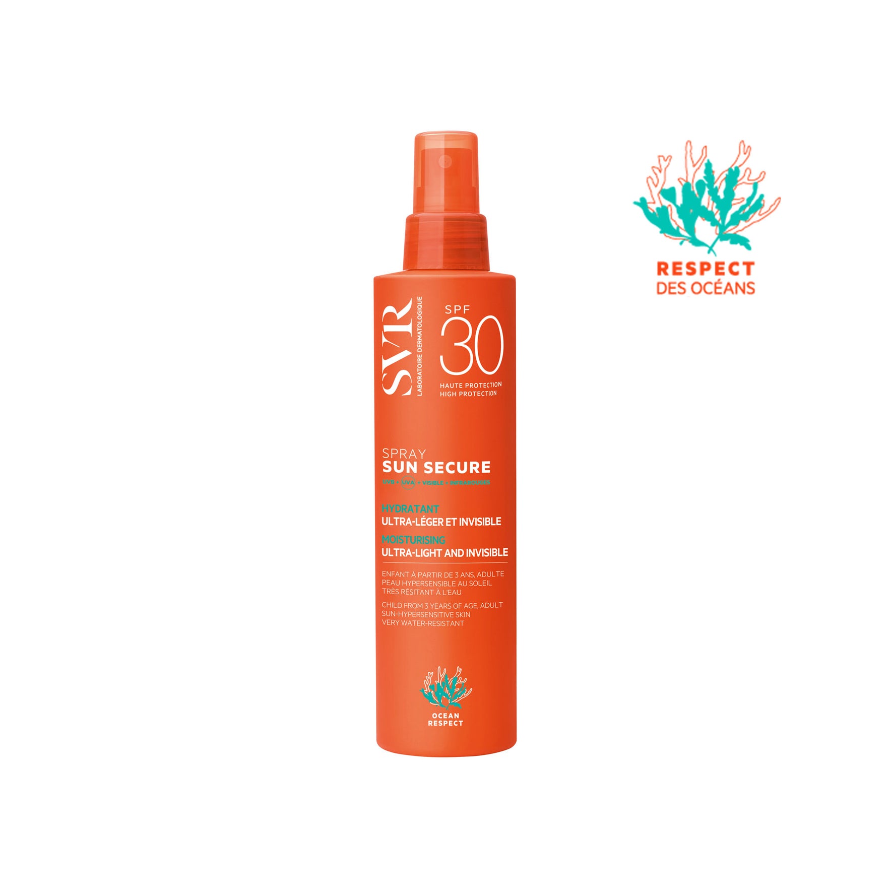 Spray solaire SVR Sun Secure SPF30 dans un flacon orange cylindrique avec vaporisateur, adapté aux peaux sensibles.