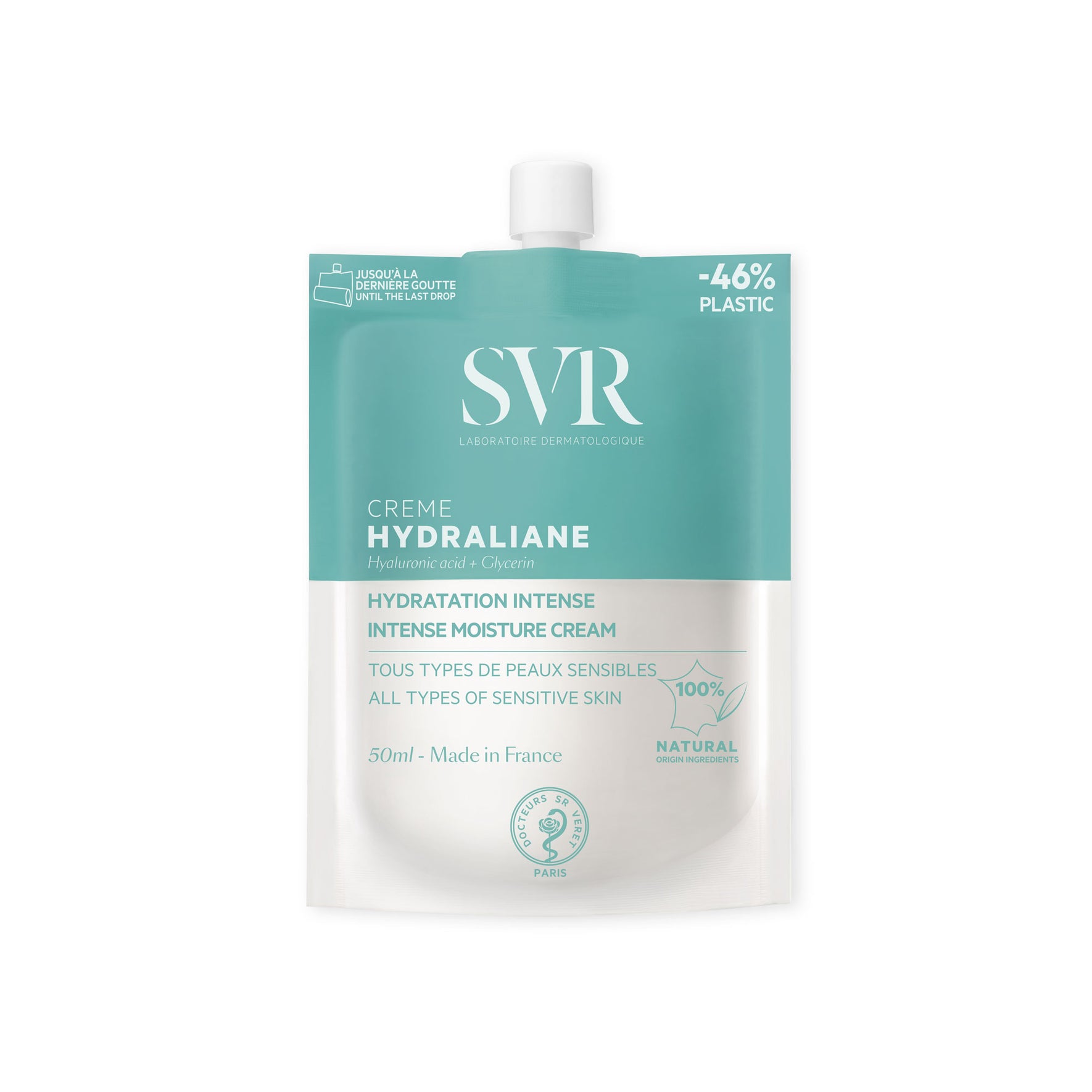 Poche éco-responsable SVR Hydraliane Crème 50ml, soin hydratant intense pour peaux sensibles, design bleu et blanc.