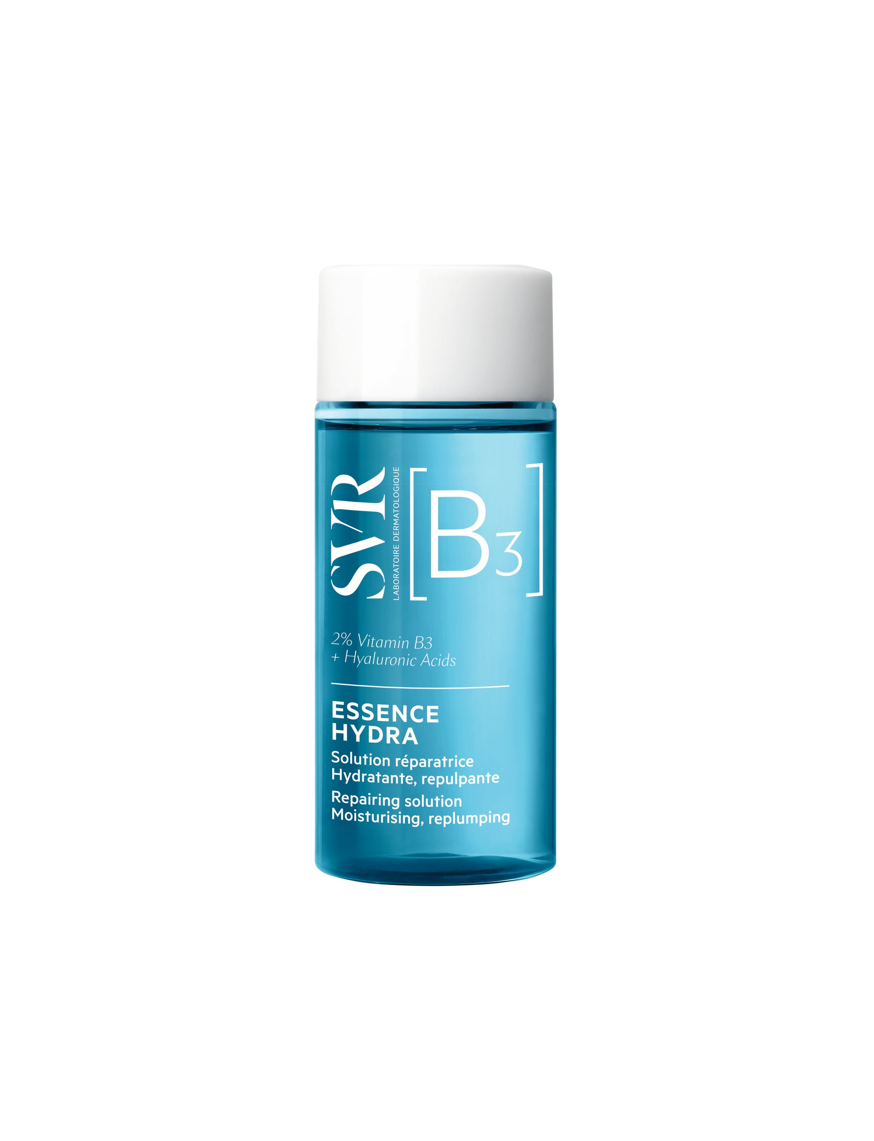 SVR B3 Essence Hydra mini bottle in blue translucent plastic with a white cap and Vitamin B3 and Hyaluronic Acid label.