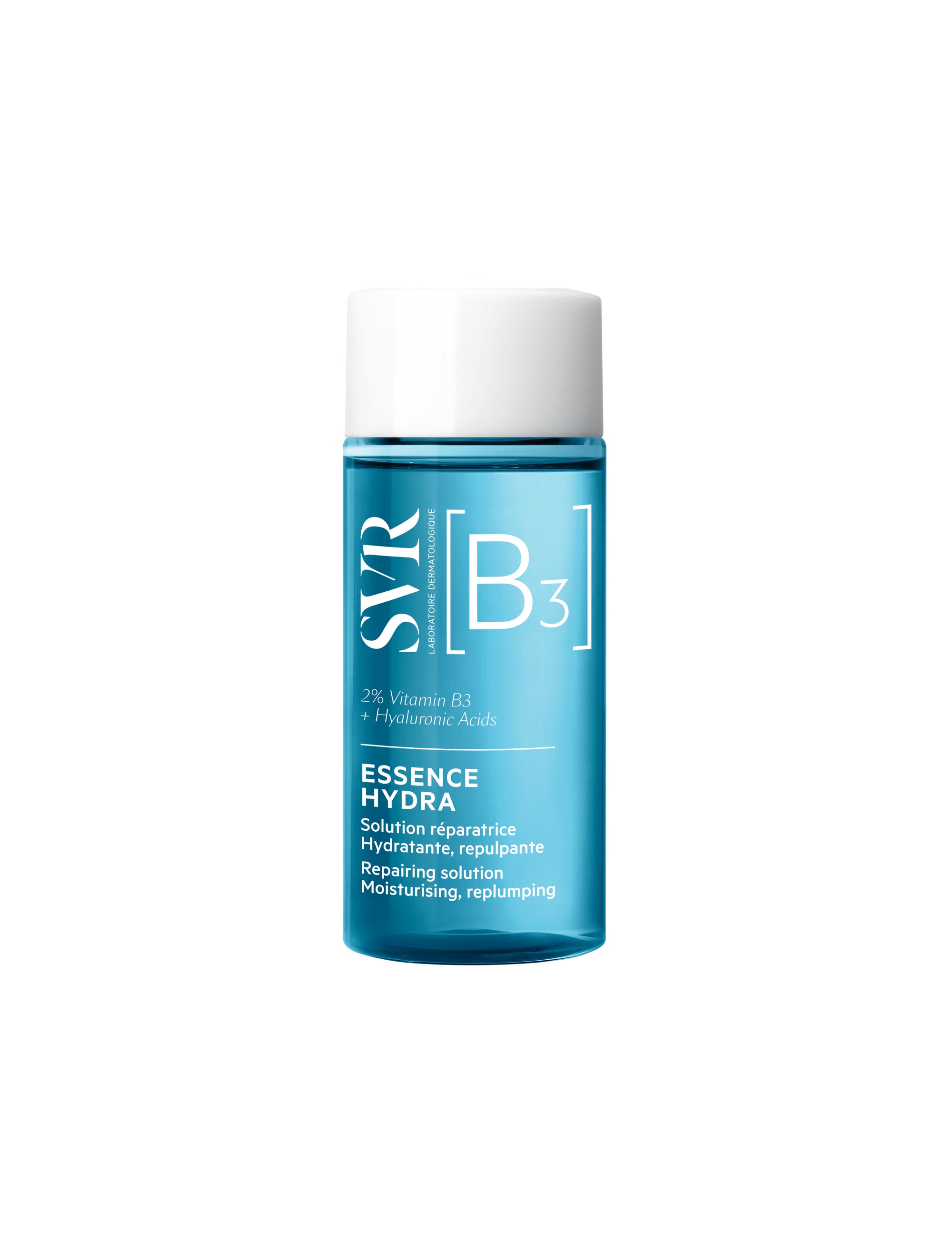 SVR B3 Essence Hydra mini bottle in blue translucent plastic with a white cap and Vitamin B3 and Hyaluronic Acid label.