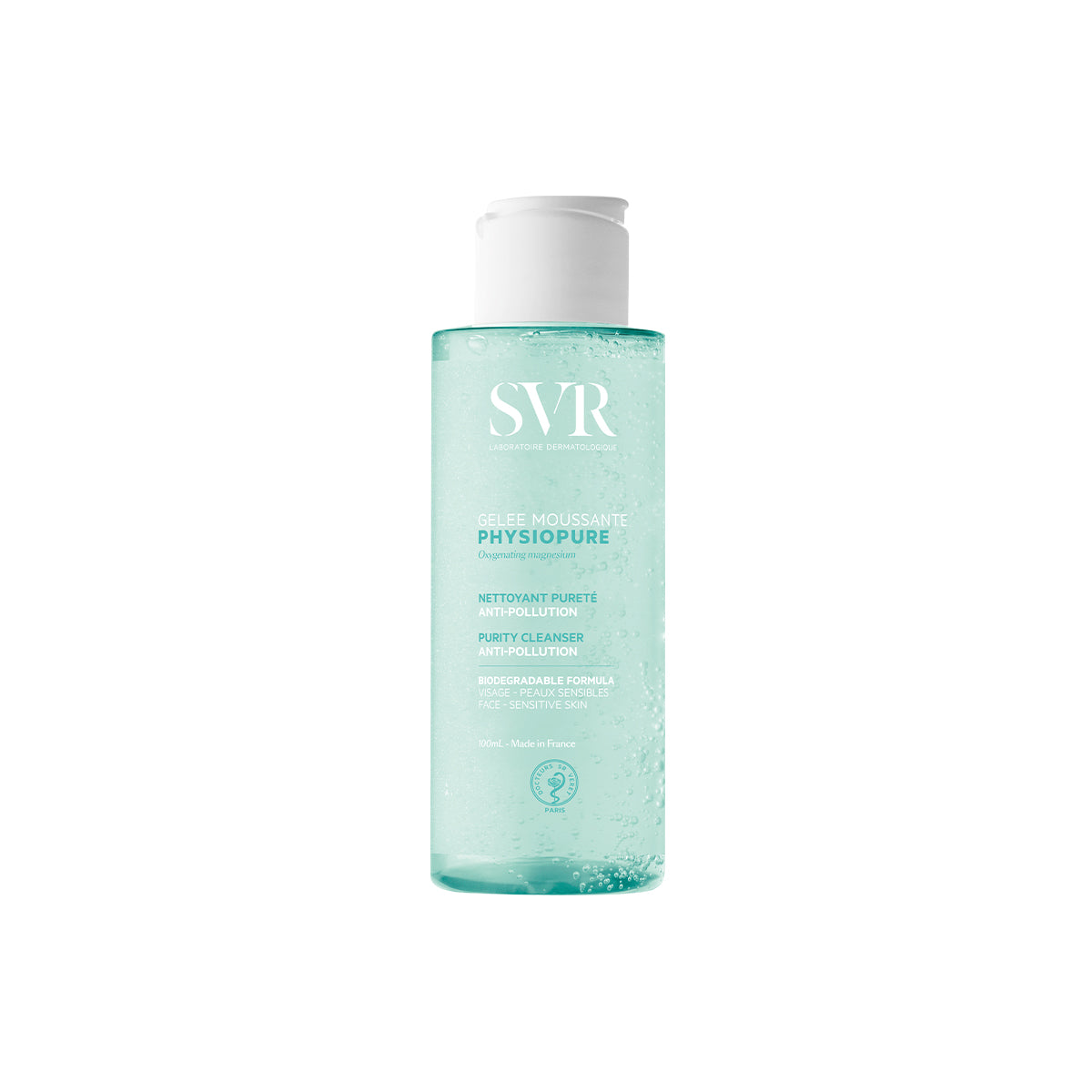 Flacon transparent de gelée moussante SVR Physiopure 100ml avec bouchon blanc, formule nettoyante purifiante bleu clair.