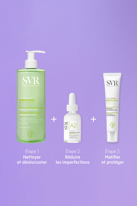 Three SVR Sebiaclear skincare products arranged in a routine against a light purple background.