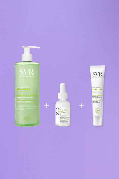 SVR Sebiaclear skincare routine set featuring a green cleanser pump bottle, an AZ ampoule dropper, and a mattifying SPF tube.