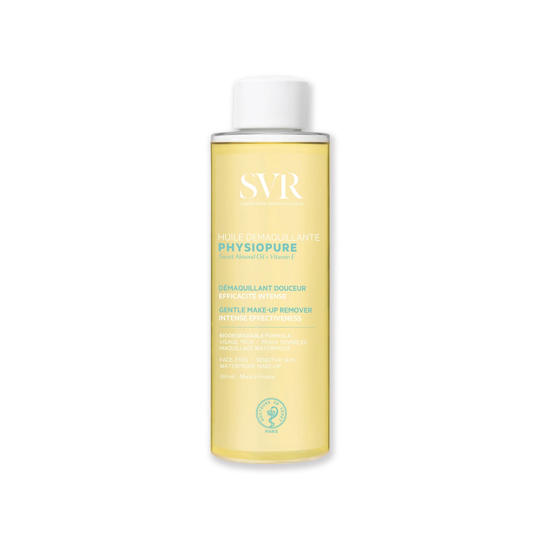 Flacon transparent de 150 ml d'huile démaquillante SVR Physiopure avec bouchon blanc sur fond blanc.