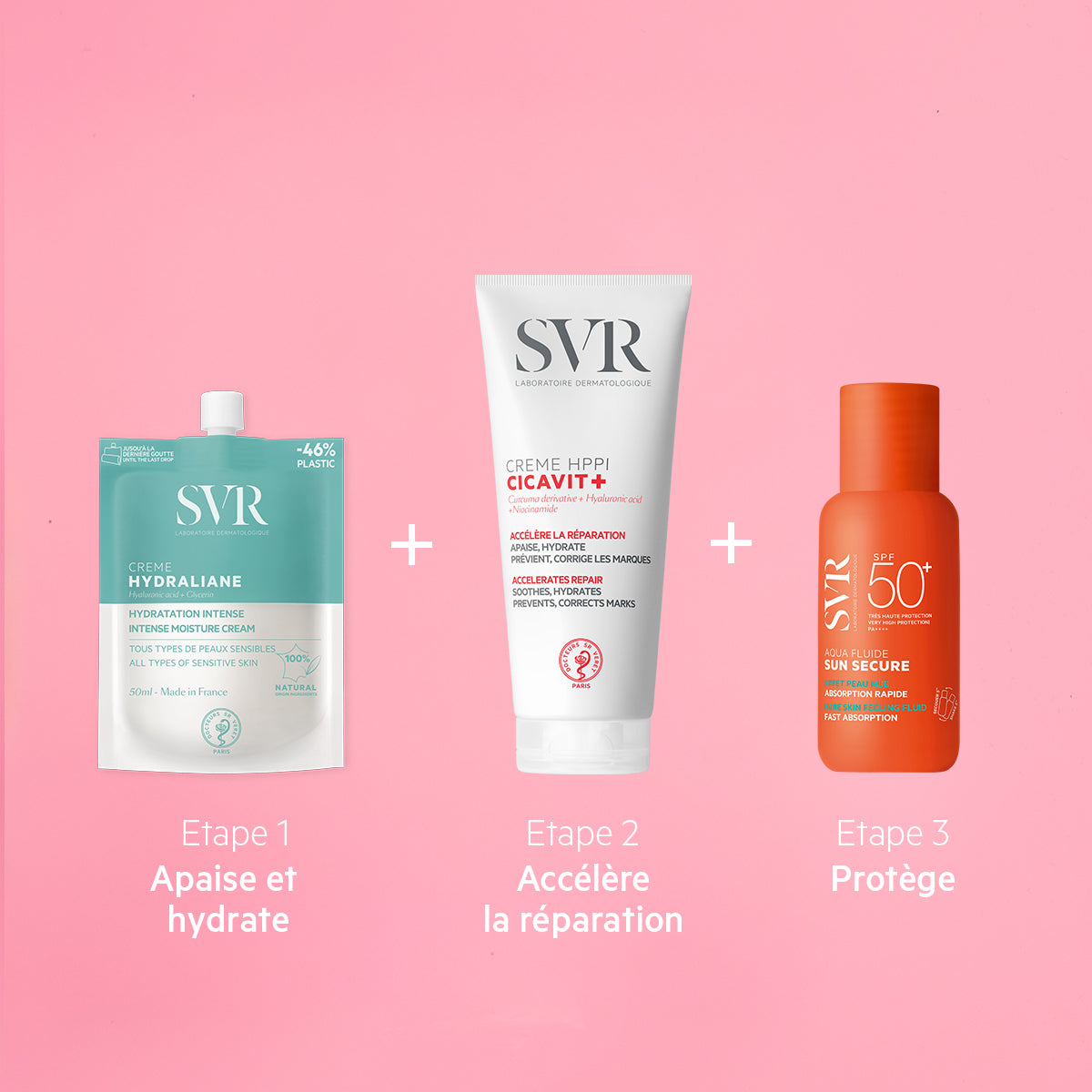 Routine de soins SVR : éco-recharge Hydraliane, tube Cicavit+ réparateur et flacon solaire Sun Secure SPF50+ sur fond rose.