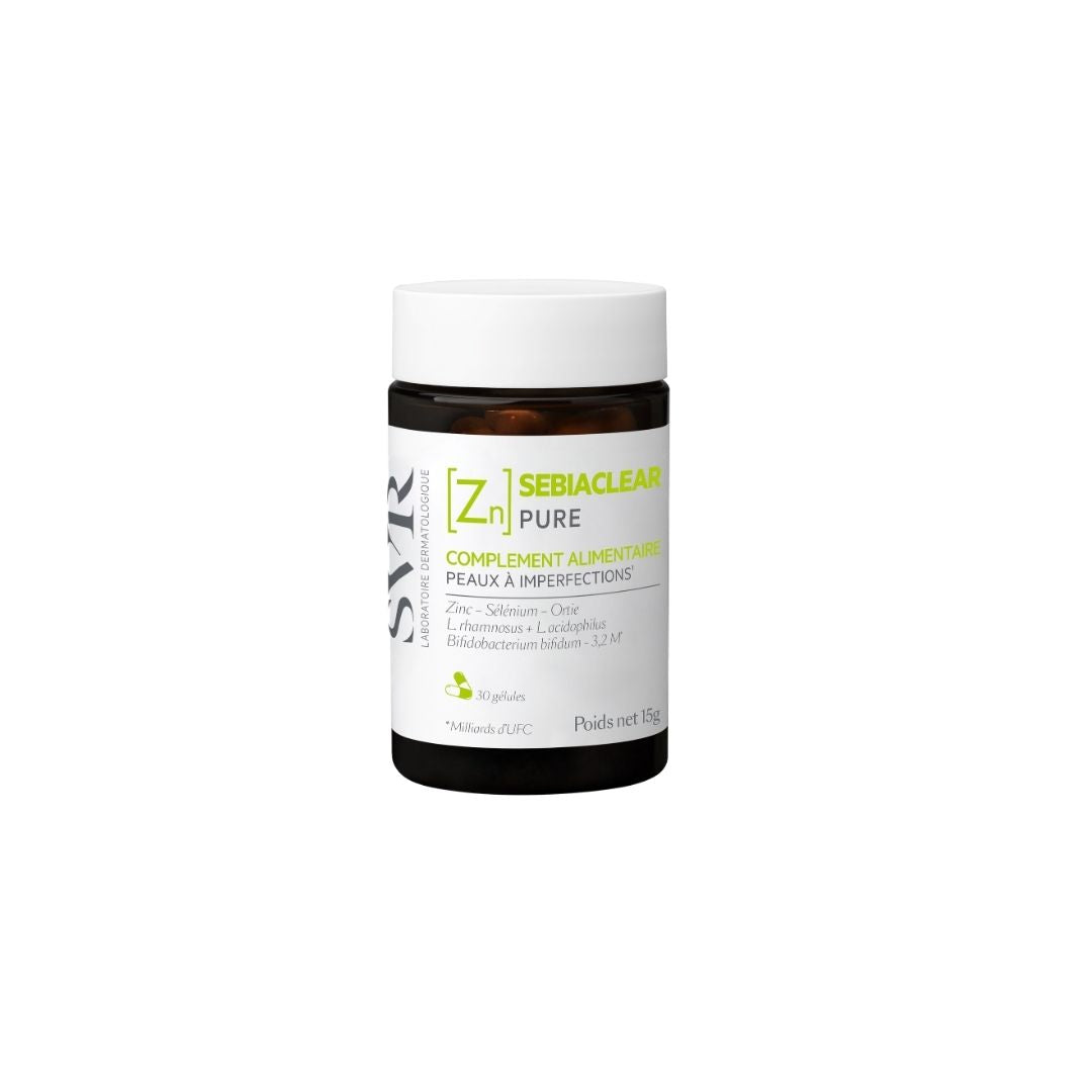 SVR Sebiaclear Pure supplement bottle in amber glass with a white cap and green label detailing 30 capsules.