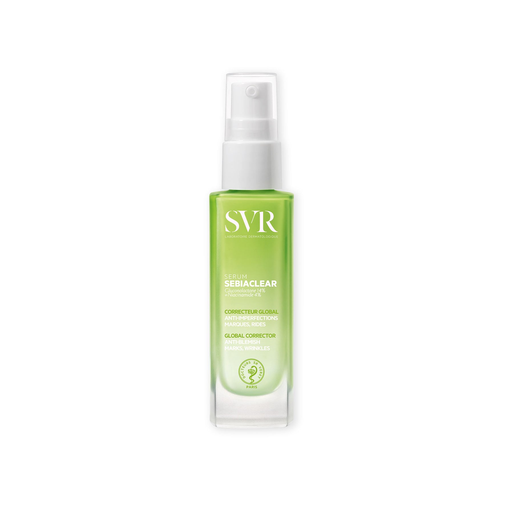 Flacon pompe SVR Sebiaclear Sérum en verre dépoli avec liquide vert, bouchon transparent et étiquette blanche descriptive.