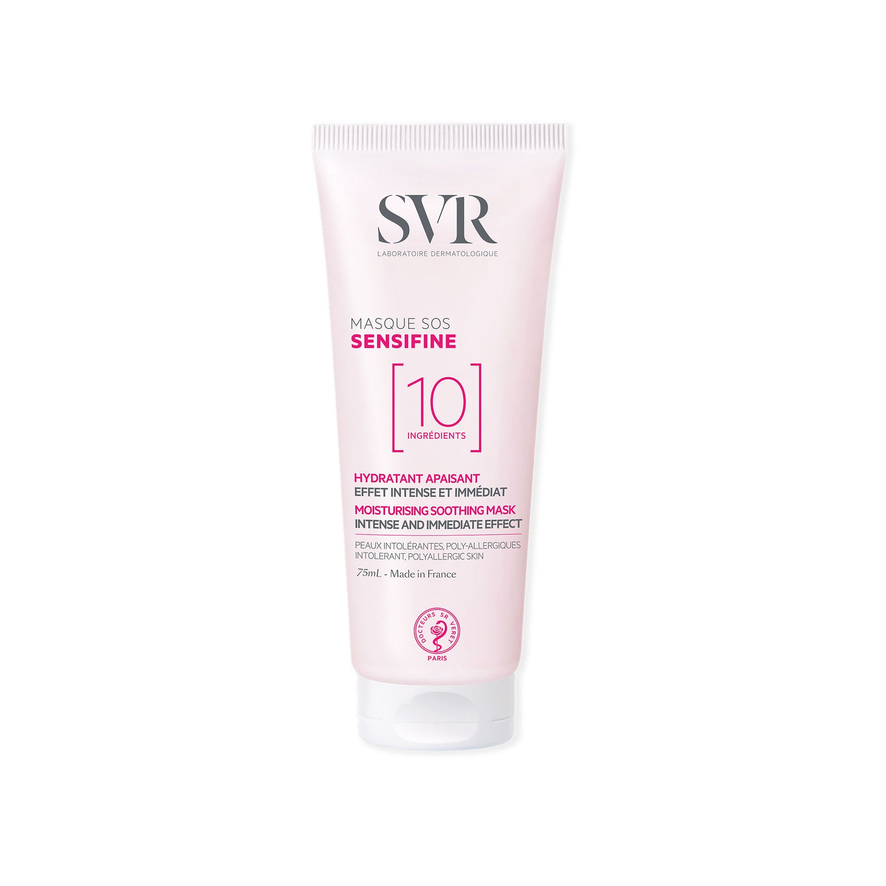 Tube de 75 ml de masque apaisant SVR Sensifine SOS, packaging rose pâle avec bouchon blanc, soin pour peaux sensibles.