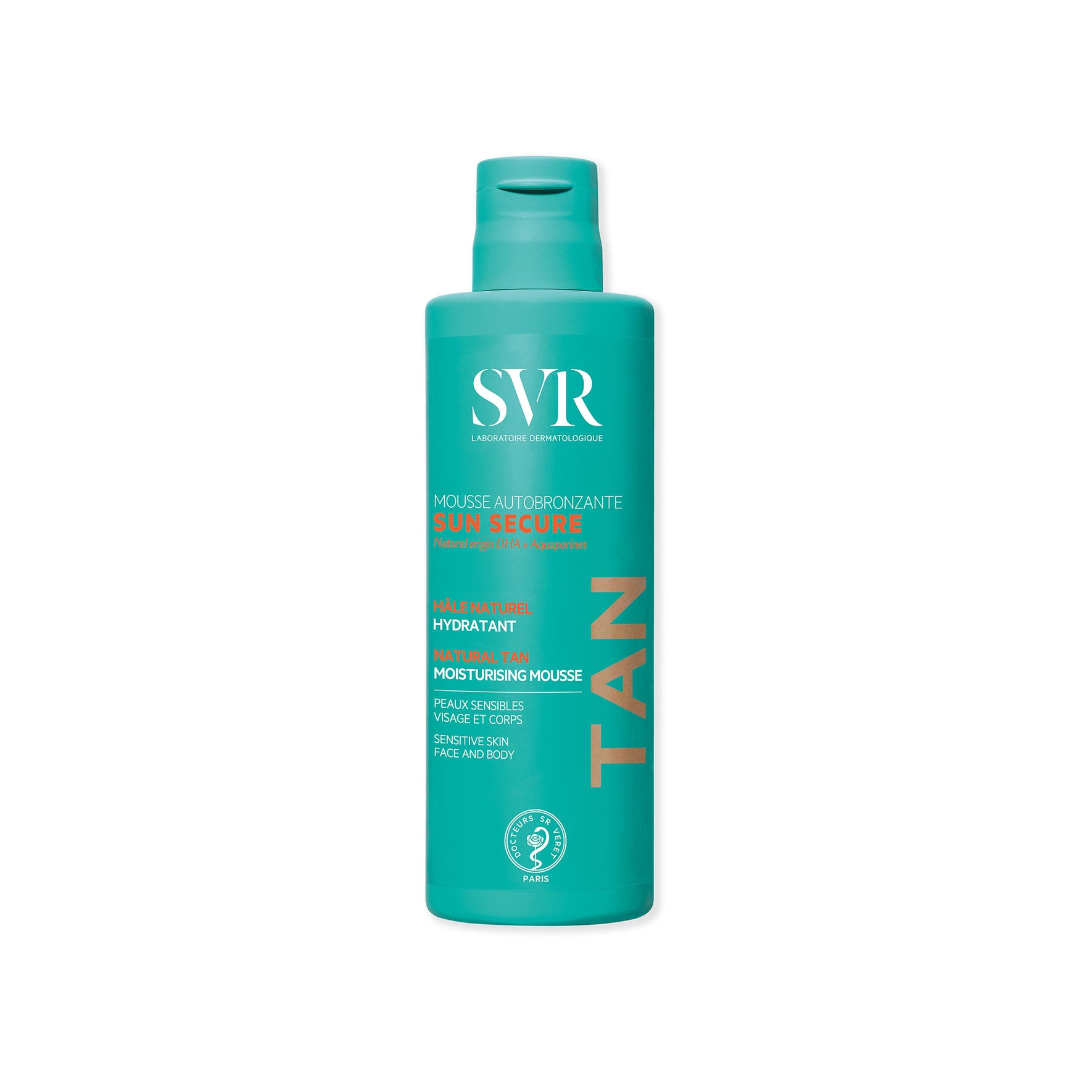 Flacon turquoise de mousse autobronzante SVR Sun Secure pour visage et corps, format 150ml avec bouchon clapet.