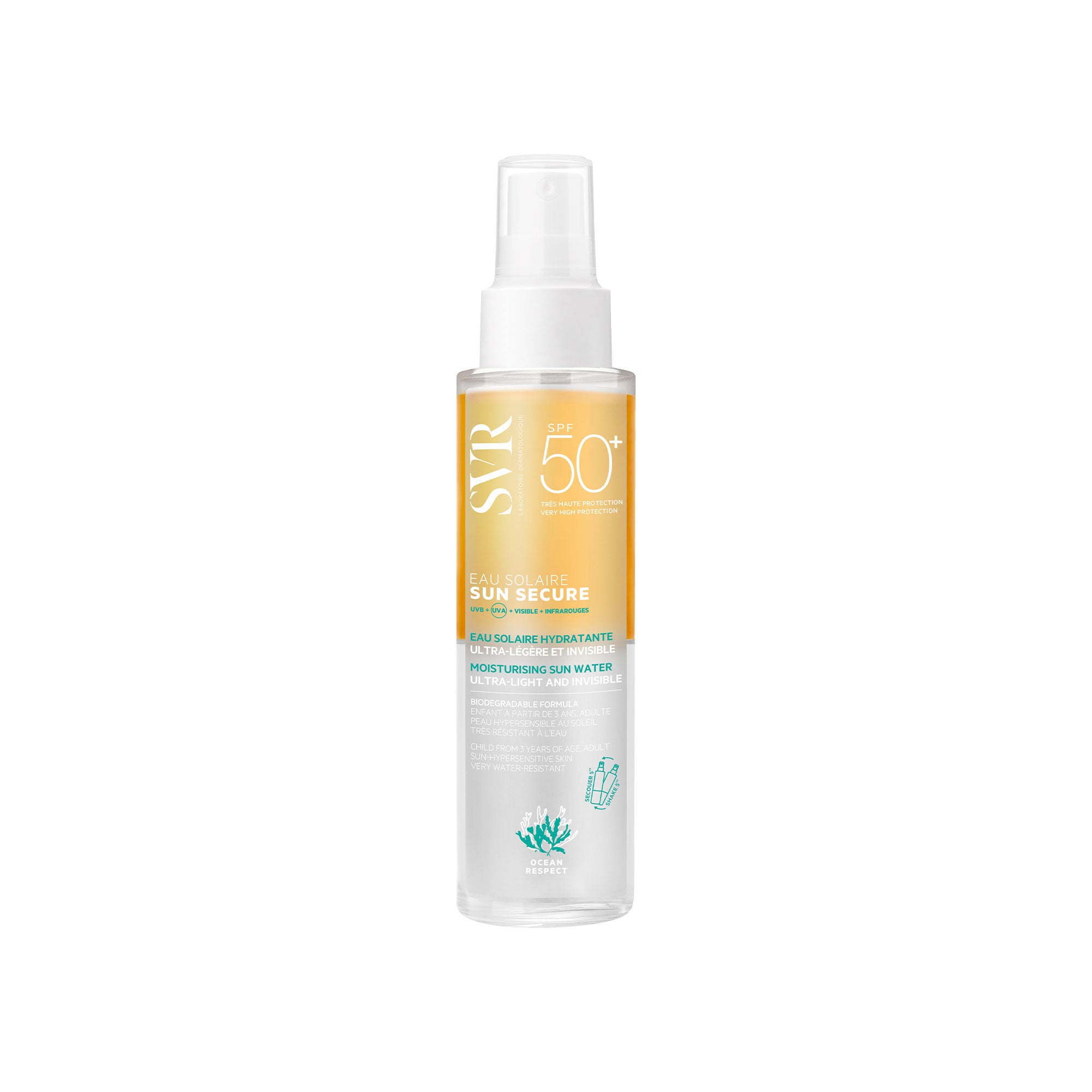 Flacon spray transparent SUN SECURE Eau Solaire SPF50+ avec étiquette dégradé orange et texte blanc sur fond blanc.