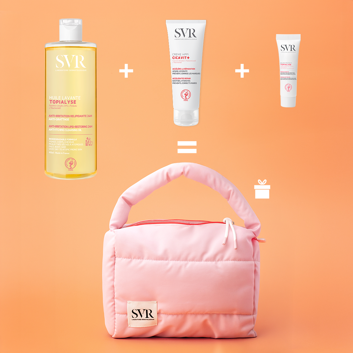 Trousse maternité rose rembourrée avec soins SVR Topialyse et Cicavit+ sur fond orange.