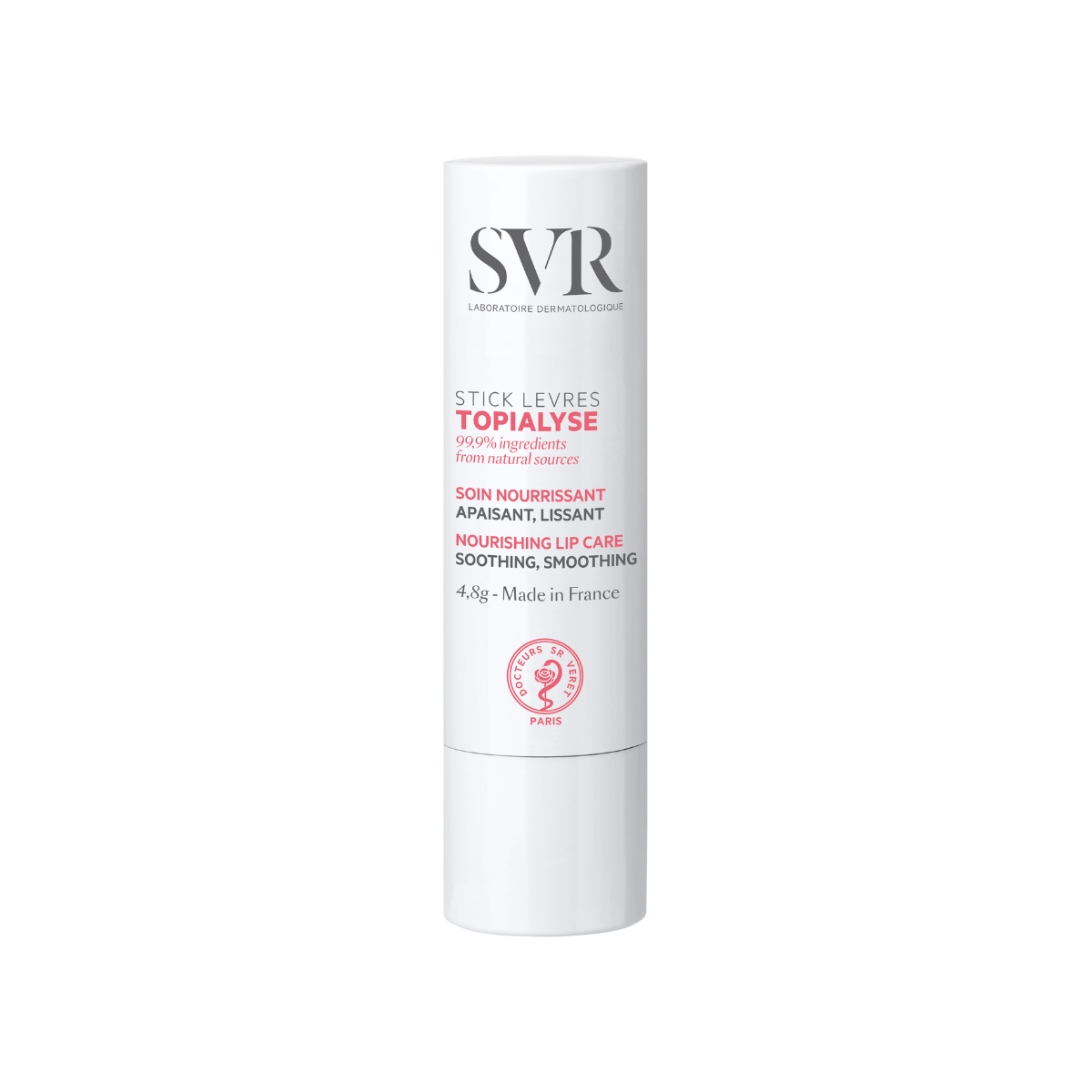 SVR TOPIALYSE nourishing lip care stick in a white 4.8g tube with black and pink text on a clean background.