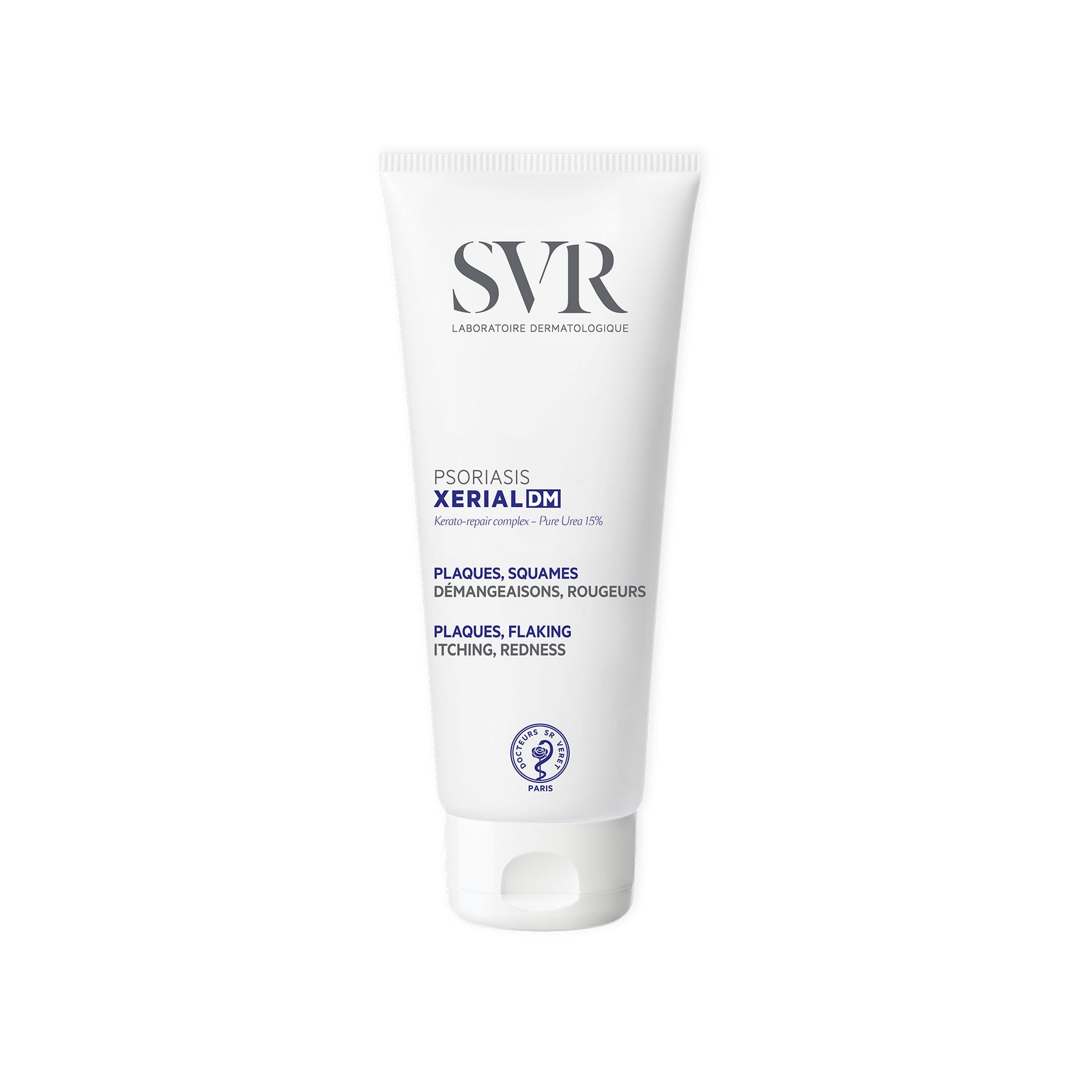 Tube blanc de crème SVR XERIAL DM pour le traitement du psoriasis, avec bouchon à clapet et texte informatif en bleu.