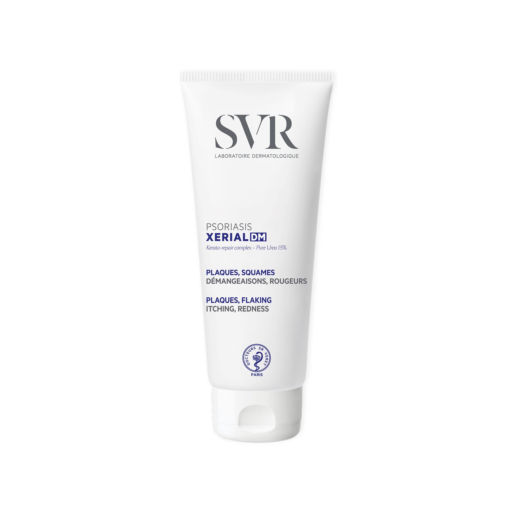 Tube blanc de crème SVR XERIAL DM pour le traitement du psoriasis, avec bouchon à clapet et texte informatif en bleu.